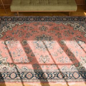 Antique Large Size Coral Floral Persian Khorassan Knotted Rug (SKU 20093) - styled overhead view