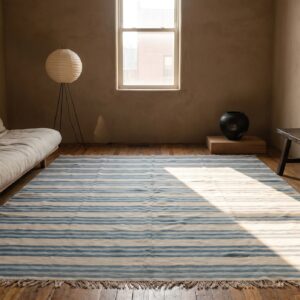 Large Size Antique Cotton White and Blue Stripes Flatweave Indian Dhurrie Rug (SKU 21066) - room view