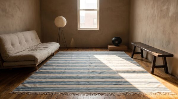 Large size antique cotton white and blue stripes flatweave indian dhurrie rug 10 Large size antique cotton white and blue stripes flatweave indian dhurrie rug (sku 21066) - room view