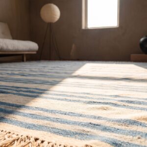 Large Size Antique Cotton White and Blue Stripes Flatweave Indian Dhurrie Rug (SKU 21066) - in-room detail