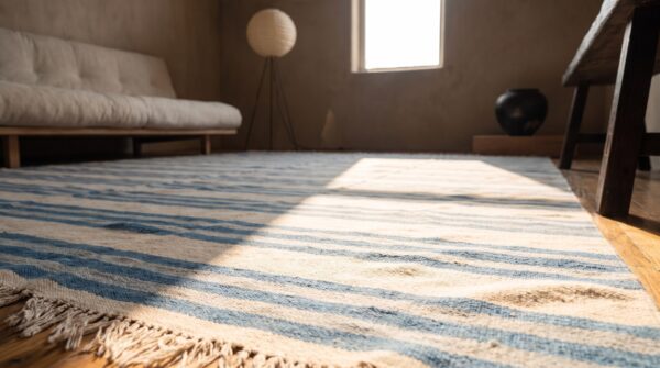 Large size antique cotton white and blue stripes flatweave indian dhurrie rug 11 Large size antique cotton white and blue stripes flatweave indian dhurrie rug (sku 21066) - in-room detail