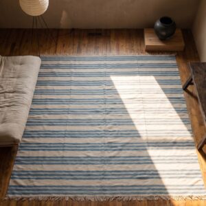 Large Size Antique Cotton White and Blue Stripes Flatweave Indian Dhurrie Rug (SKU 21066) - styled overhead view