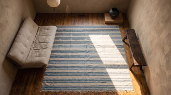 Large size antique cotton white and blue stripes flatweave indian dhurrie rug 2 Large size antique cotton white and blue stripes flatweave indian dhurrie rug (sku 21066) - styled overhead view