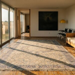 Large Size Fine Weave Antique Cream and Blue Color Persian Floral Medallion Kerman Rug (SKU 19931) - room view
