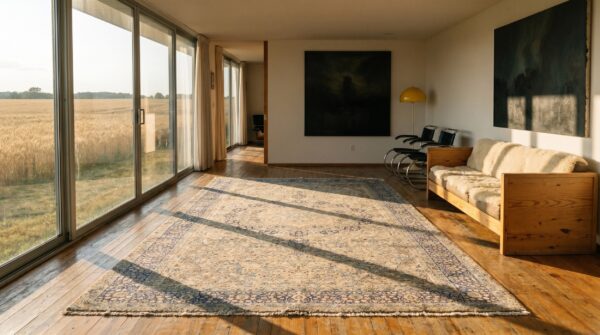 Large size fine weave antique cream and blue color persian floral medallion kerman rug (sku 19931) - room view
