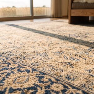 Large Size Fine Weave Antique Cream and Blue Color Persian Floral Medallion Kerman Rug (SKU 19931) - in-room detail
