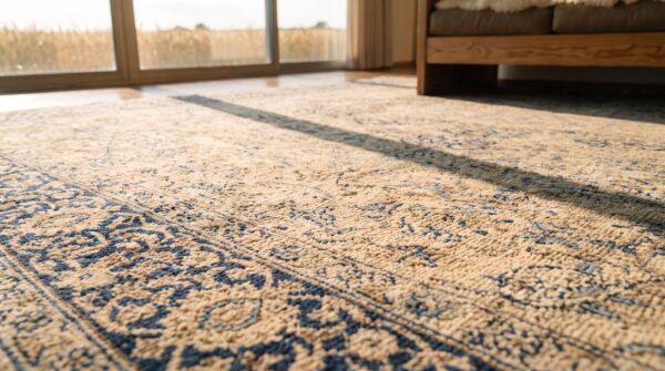 Large size fine weave antique cream and blue color persian floral medallion kerman rug (sku 19931) - in-room detail
