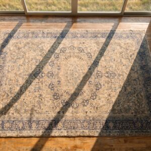 Large Size Fine Weave Antique Cream and Blue Color Persian Floral Medallion Kerman Rug (SKU 19931) - styled overhead view