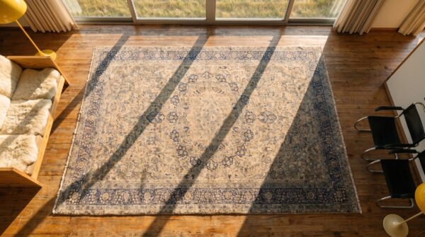 Large size fine weave antique cream and blue color persian floral medallion kerman rug (sku 19931) - styled overhead view