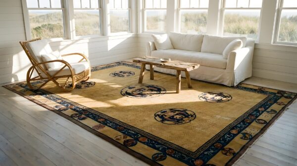 Antique large size ivory chinese allover dragon medallion design rug 10 Antique large size ivory chinese allover dragon medallion design rug (sku 25176) - room view