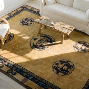 Antique Large Size Ivory Chinese Allover Dragon Medallion Design Rug (SKU 25176) - styled overhead view