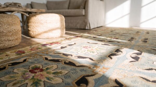 Large size ivory antique floral flatweave english fleur de lis needlepoint rug (sku 19395) - in-room detail