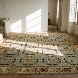 Large Size Ivory Antique Floral Flatweave English Fleur De Lis Needlepoint Rug (SKU 19395) - styled overhead view