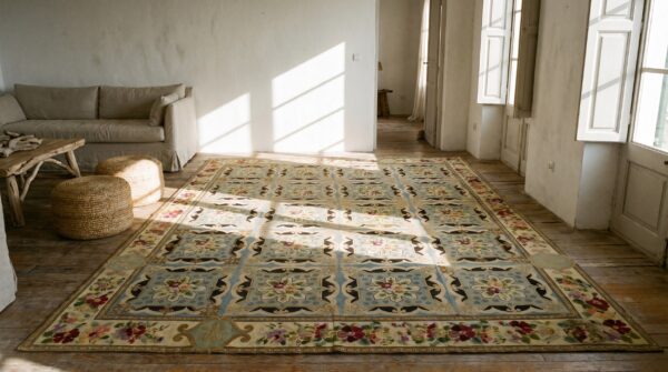 Large size ivory antique floral flatweave english fleur de lis needlepoint rug (sku 19395) - styled overhead view