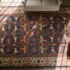 Large Size Antique Late 19th Century Blue Tribal Garous Design Persian Bidjar Rug (SKU 19036) - styled overhead view