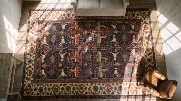 Large size antique late 19th century blue tribal garous design persian bidjar rug 2 Large size antique late 19th century blue tribal garous design persian bidjar rug (sku 19036) - styled overhead view