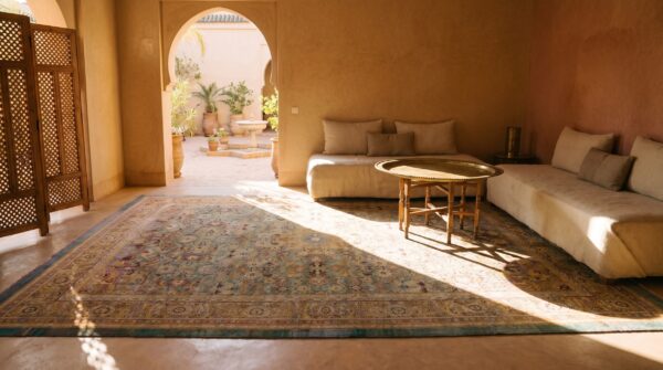 Large size magnificent seafoam green color antique indian amritsar rug (sku 25101) - room view