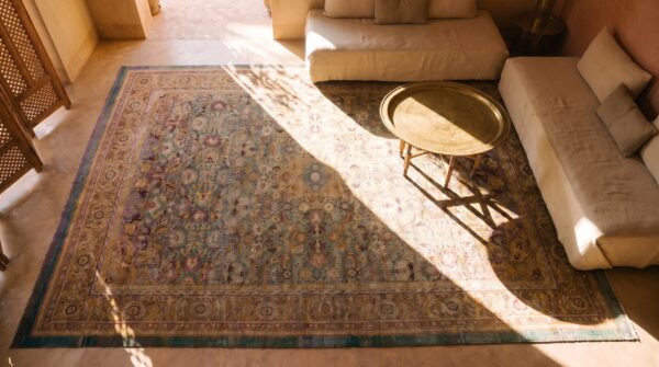 Large size magnificent seafoam green color antique indian amritsar rug (sku 25101) - styled overhead view