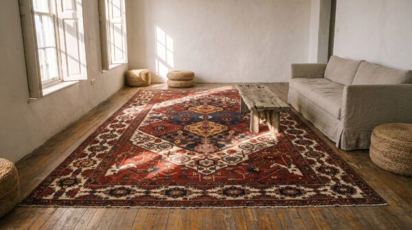 Large size antique persian tribal geometric garden pattern bakhtiari rug 7 Large size antique persian tribal geometric garden pattern bakhtiari rug (sku 22306) - room view
