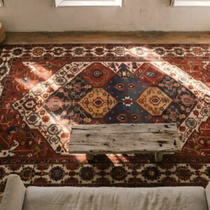 Large Size Antique Persian Tribal Geometric Garden Pattern Bakhtiari Rug (SKU 22306) - styled overhead view