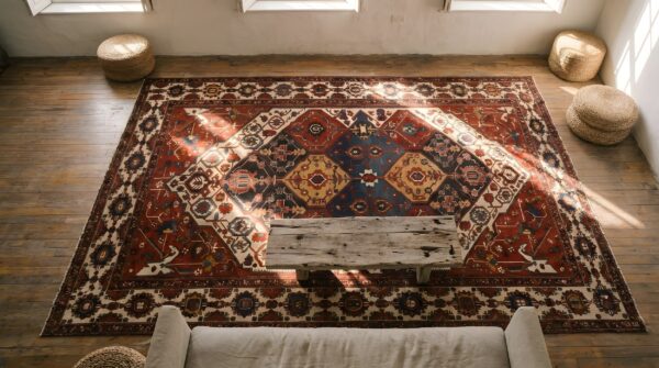 Large size antique persian tribal geometric garden pattern bakhtiari rug 2 Large size antique persian tribal geometric garden pattern bakhtiari rug (sku 22306) - styled overhead view