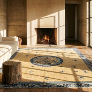 Large Size Rare Late 18th Century Antique Ivory Scenic Floral Cloud Band Chinese Ningxia Carpet (SKU 20233) - room view