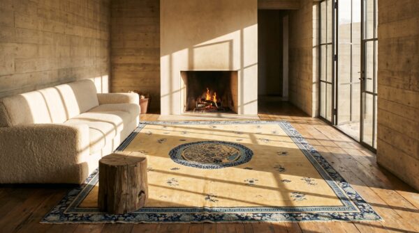 Large size rare late 18th century antique ivory scenic floral cloud band chinese ningxia carpet 8 Large size rare late 18th century antique ivory scenic floral cloud band chinese ningxia carpet (sku 20233) - room view