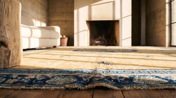 Large size rare late 18th century antique ivory scenic floral cloud band chinese ningxia carpet 9 Large size rare late 18th century antique ivory scenic floral cloud band chinese ningxia carpet (sku 20233) - in-room detail