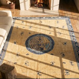 Large Size Rare Late 18th Century Antique Ivory Scenic Floral Cloud Band Chinese Ningxia Carpet (SKU 20233) - styled overhead view