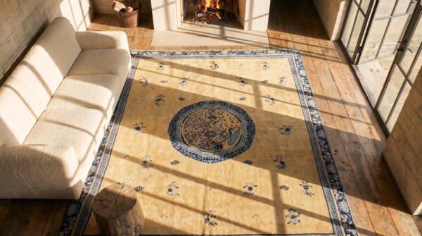 Large size rare late 18th century antique ivory scenic floral cloud band chinese ningxia carpet 2 Large size rare late 18th century antique ivory scenic floral cloud band chinese ningxia carpet (sku 20233) - styled overhead view
