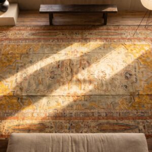 Large Size Tribal Antique Light Color Luxurious Turkish Angora Oushak Rug (SKU 20200) - styled overhead view