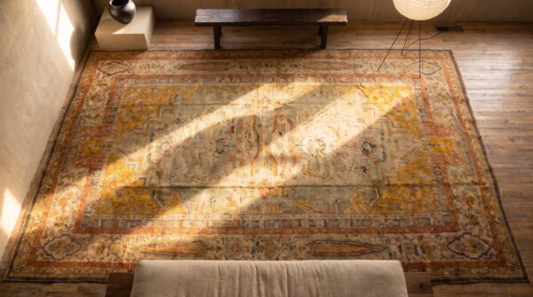 Large size tribal antique light color luxurious turkish angora oushak rug 2 Large size tribal antique light color luxurious turkish angora oushak rug (sku 20200) - styled overhead view