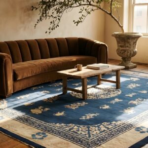 Large Square 1880s Blue Wool Floral Medallion Antique Hand Knotted Pile Rug (SKU 23532) - room view