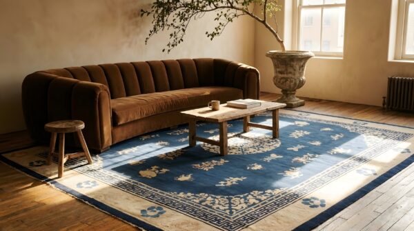 Large square 1880s blue wool floral medallion antique hand knotted pile rug (sku 23532) - room view