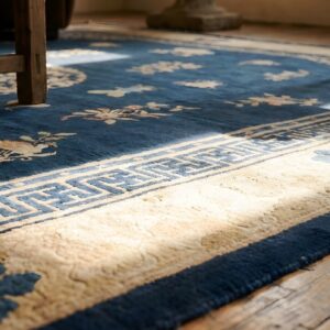 Large Square 1880s Blue Wool Floral Medallion Antique Hand Knotted Pile Rug (SKU 23532) - in-room detail