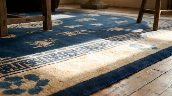Large square 1880s blue wool floral medallion antique hand knotted pile rug (sku 23532) - in-room detail