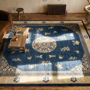 Large Square 1880s Blue Wool Floral Medallion Antique Hand Knotted Pile Rug (SKU 23532) - styled overhead view