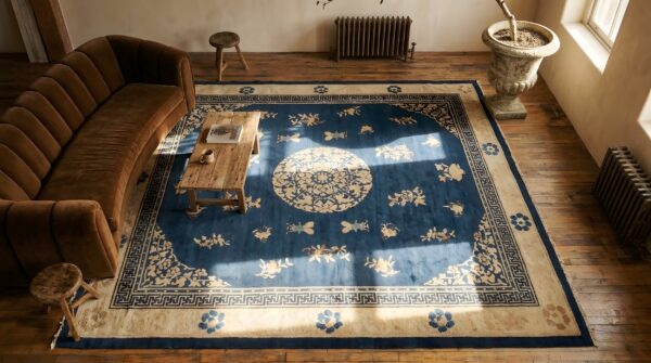 Large square 1880s blue wool floral medallion antique hand knotted pile rug (sku 23532) - styled overhead view