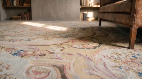 Large square antique 18th century flatwoven french aubusson louis xvi period carpet 14 Large square antique 18th century flatwoven french aubusson louis xvi period carpet (sku 19341) - in-room detail