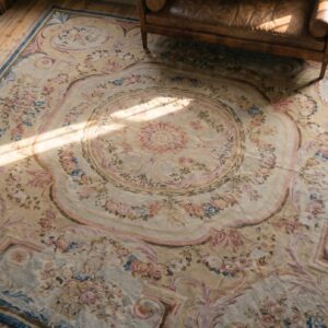 Large Square Antique 18th Century Flatwoven French Aubusson Louis XVI Period Carpet (SKU 19341) - styled overhead view