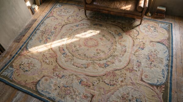Large square antique 18th century flatwoven french aubusson louis xvi period carpet 2 Large square antique 18th century flatwoven french aubusson louis xvi period carpet (sku 19341) - styled overhead view