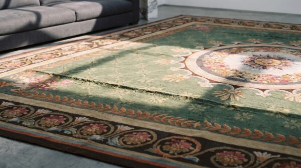 Antique large square aubusson french flat weave rug (sku 20849) - in-room detail