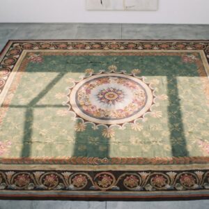 Antique Large Square Aubusson French Flat Weave Rug (SKU 20849) - styled overhead view