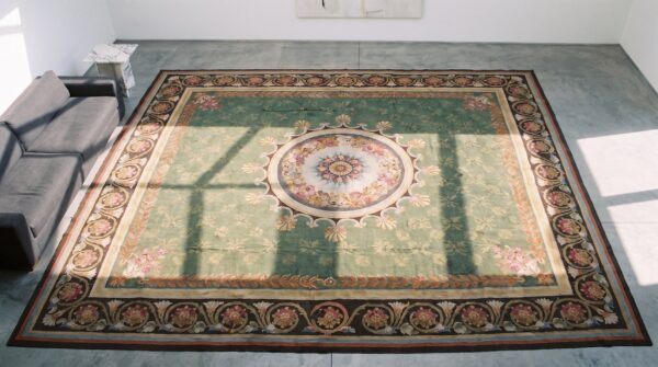 Antique large square aubusson french flat weave rug (sku 20849) - styled overhead view