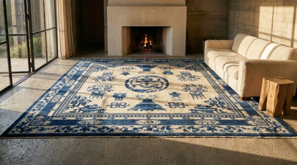 Antique large square chinese - mongolian chinese knotted rug 10 Antique large square chinese - mongolian chinese knotted rug (sku 19586) - room view