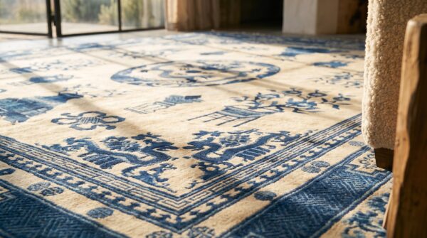 Antique large square chinese - mongolian chinese knotted rug 11 Antique large square chinese - mongolian chinese knotted rug (sku 19586) - in-room detail