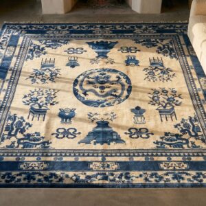 Antique Large Square Chinese - Mongolian Chinese Knotted Rug (SKU 19586) - styled overhead view
