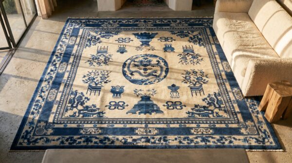 Antique large square chinese - mongolian chinese knotted rug 2 Antique large square chinese - mongolian chinese knotted rug (sku 19586) - styled overhead view