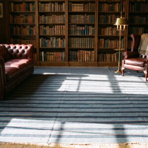 Large Square Flatwoven Blue Antique Striped Dhurrie Rug (SKU 24156) - room view