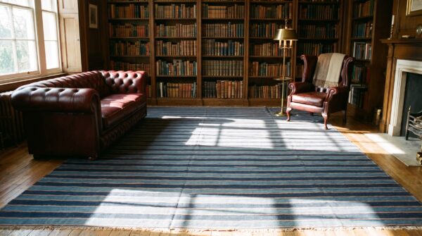Large square flatwoven blue antique striped dhurrie rug 7 Large square flatwoven blue antique striped dhurrie rug (sku 24156) - room view